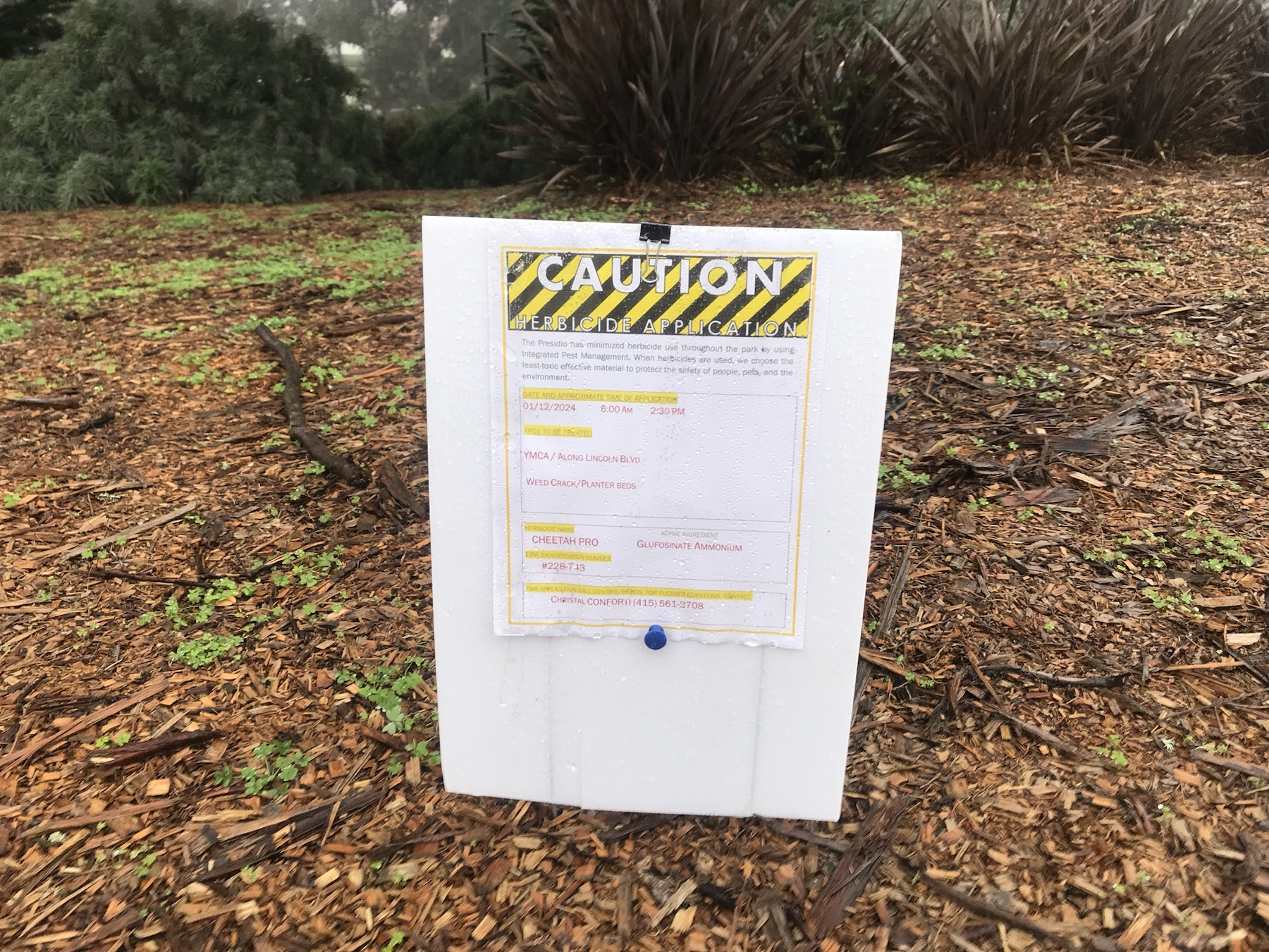 Caution herbicide application sign for Cheetah Pro at the YMCA along Lincoln Blvd
