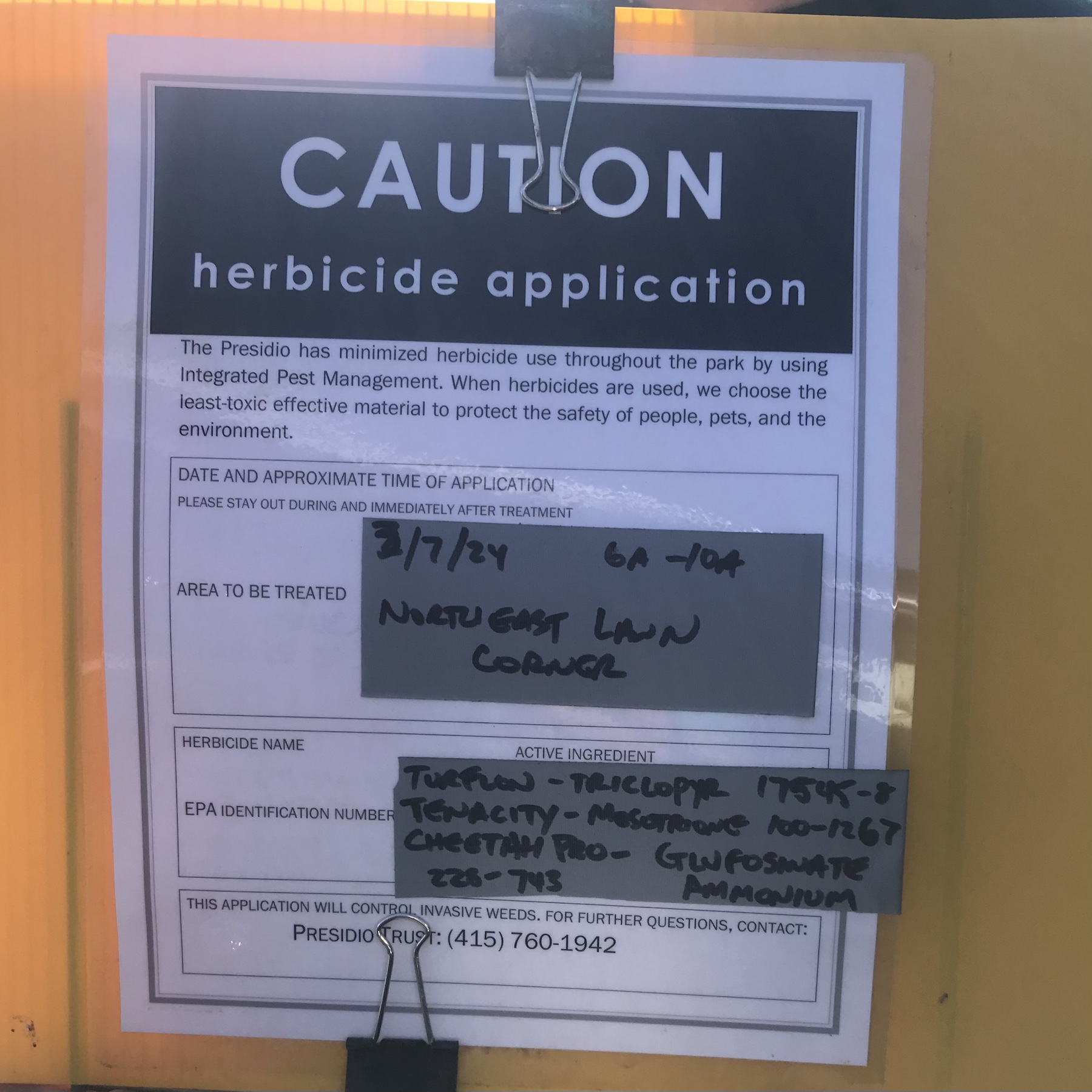 Caution herbicide application sign listing Turflon, Tenacity, and Cheetah Pro in the Presidio