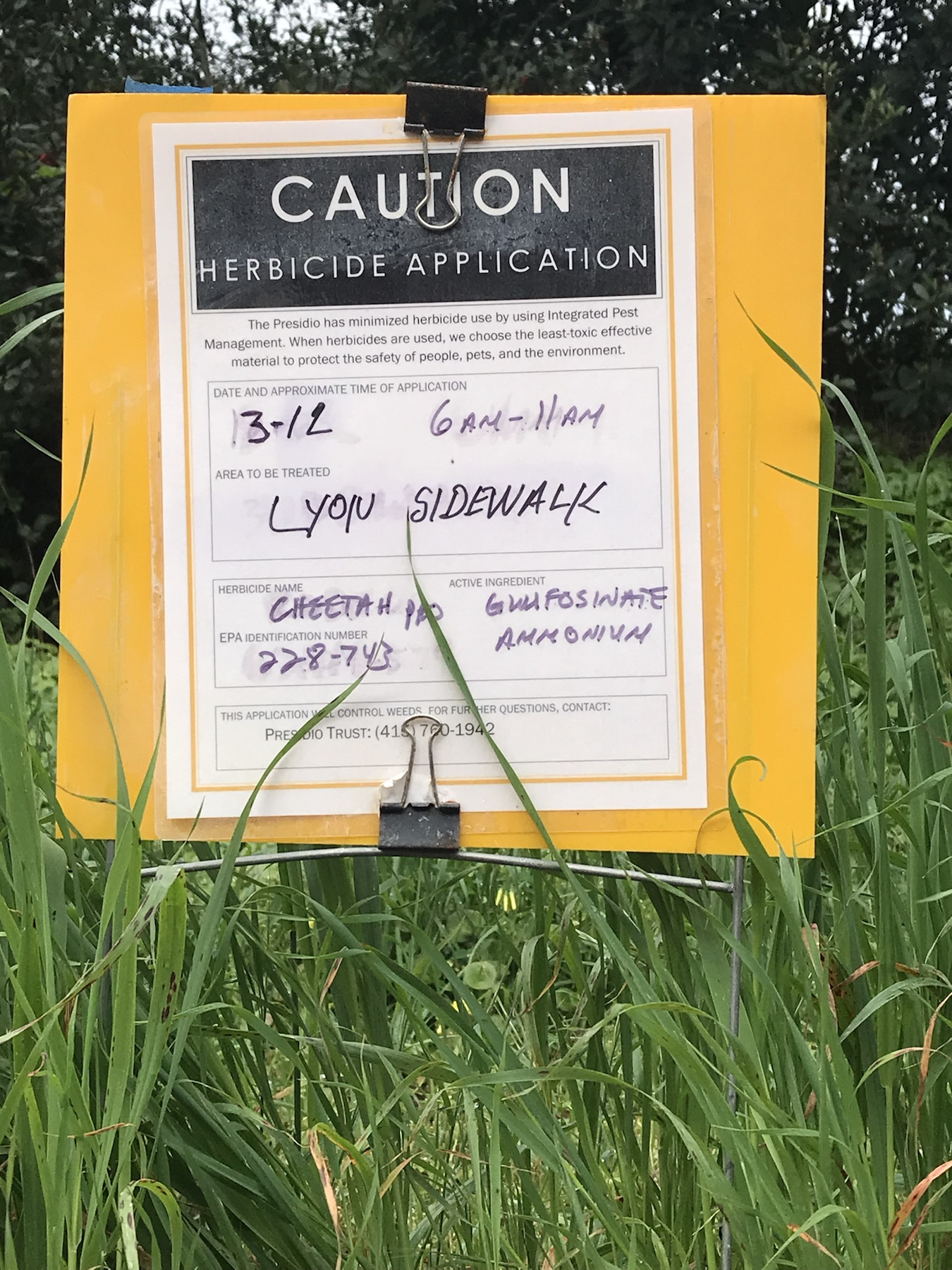 Caution herbicide application sign for Cheetah Pro on the Lyon Street sidewalk