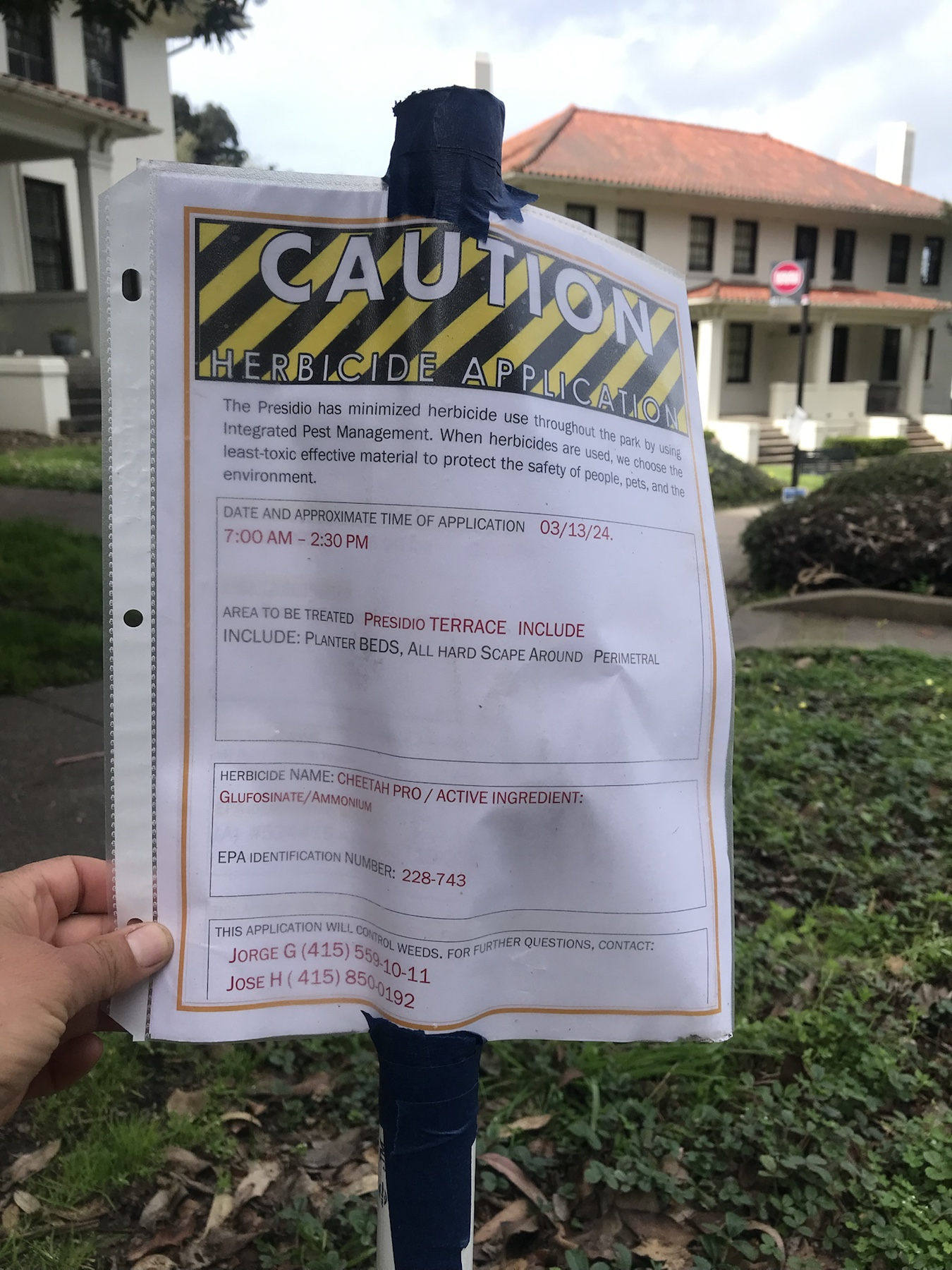 Caution herbicide application sign for Cheetah Pro at Presidio Terrace in the Presidio