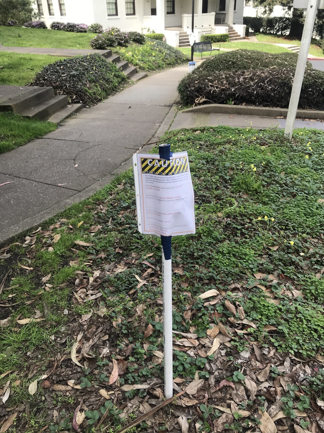 Context image of a Cheetah Pro herbicide application sign near Presidio Terrace