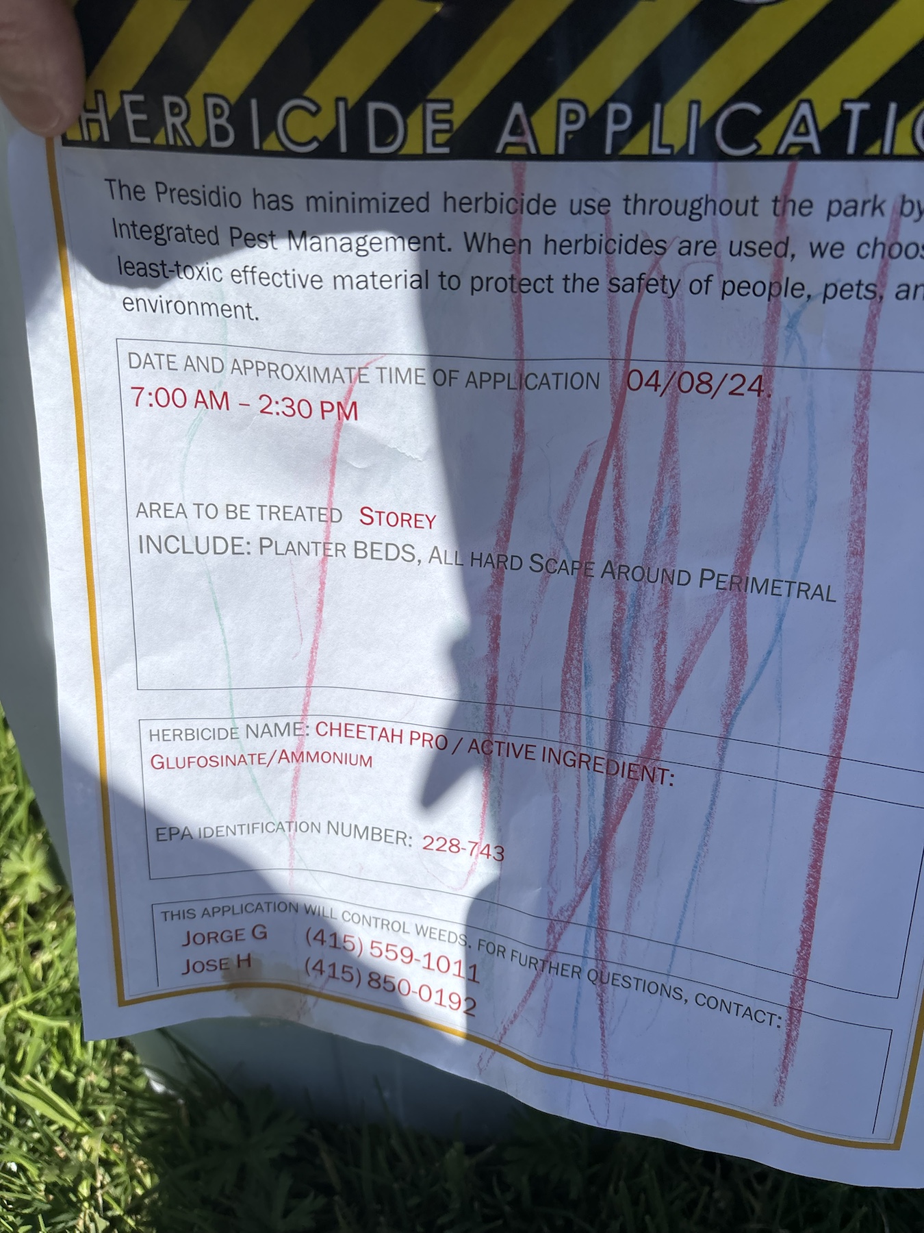 Caution herbicide application sign for Cheetah Pro at Storey in the Presidio