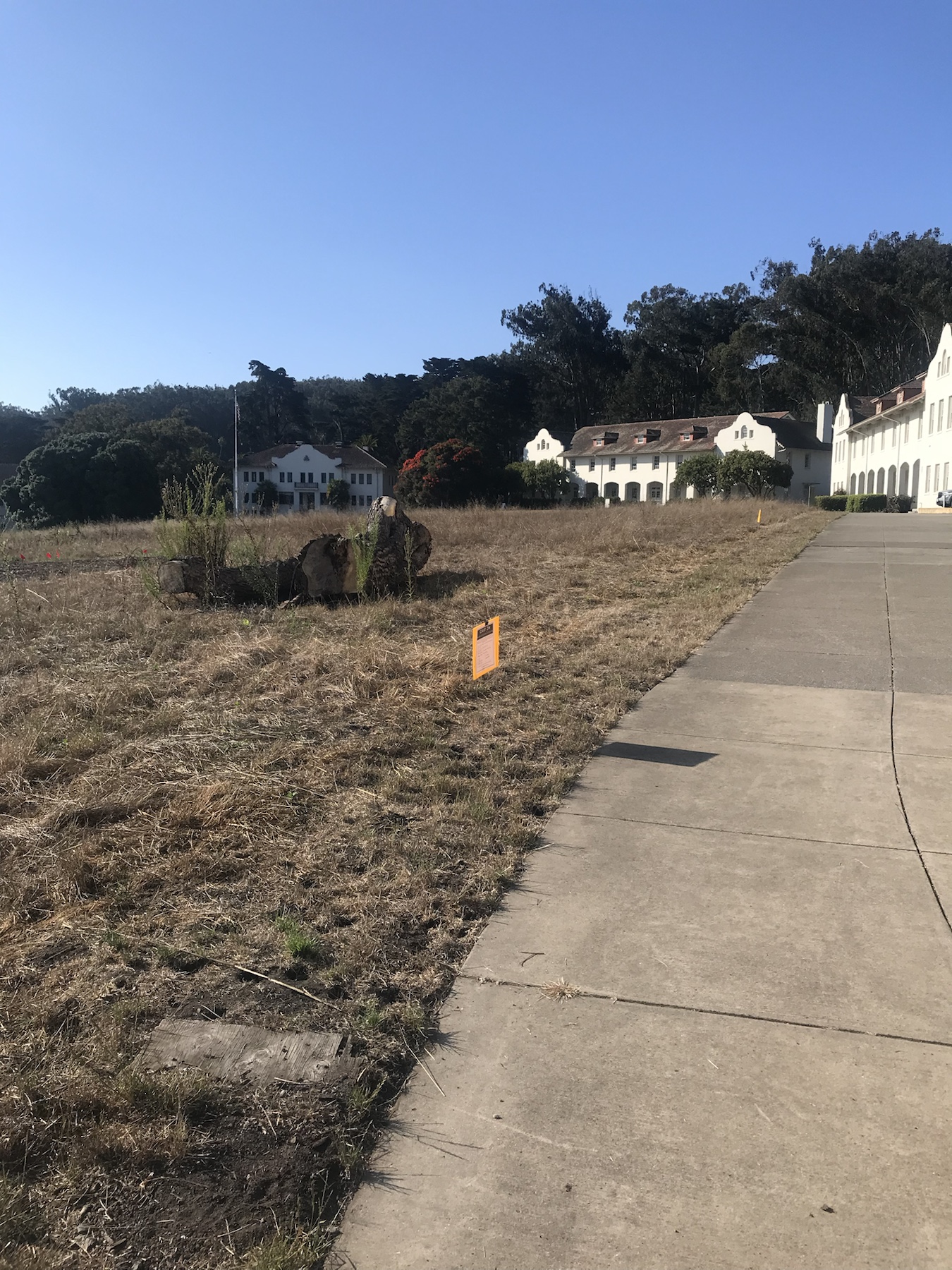 Wide view of herbicide application signage near the North Half Parade Ground sidewalk