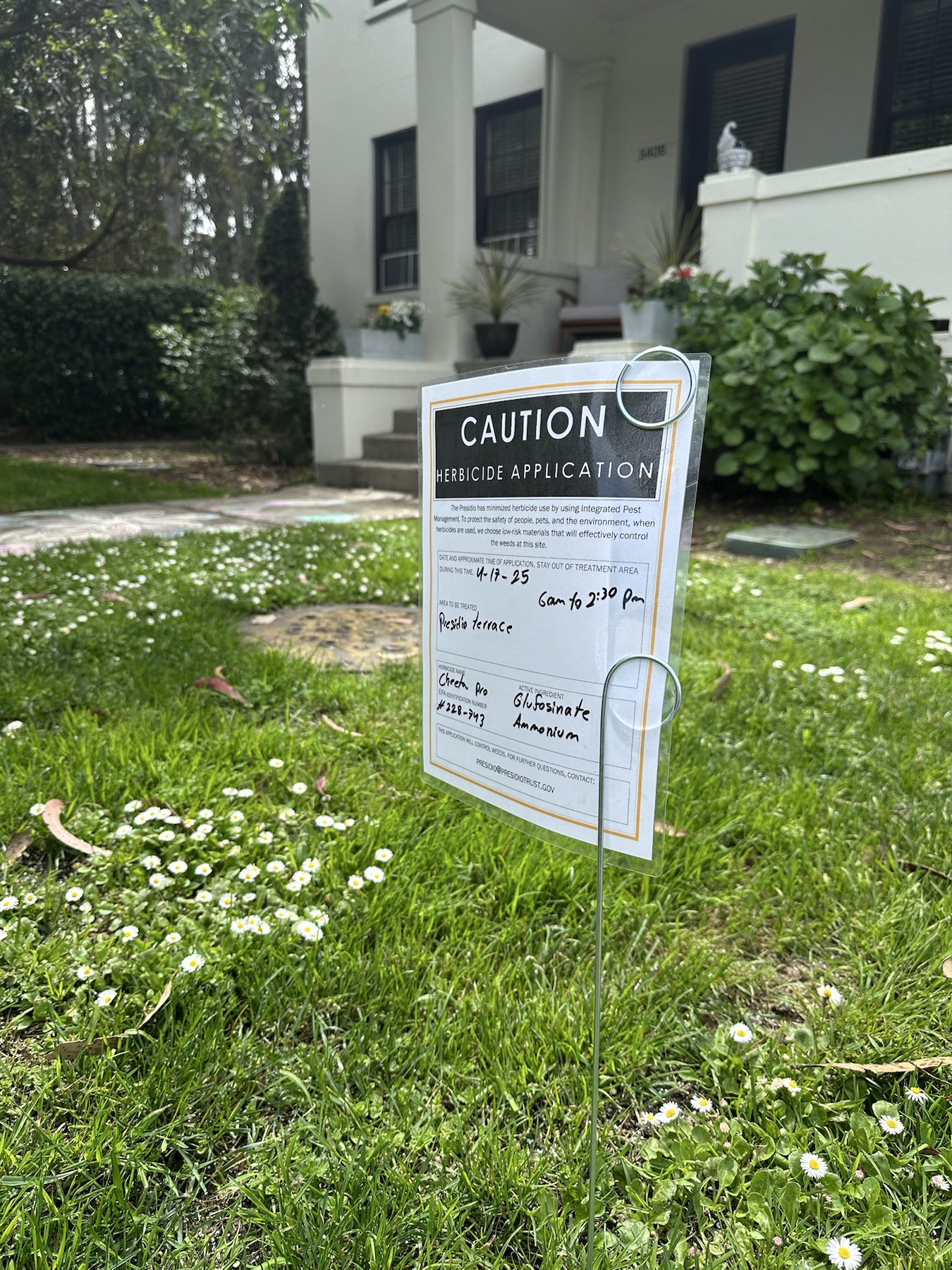 Caution herbicide application sign for Cheetah Pro at Presidio Terrace in the Presidio
