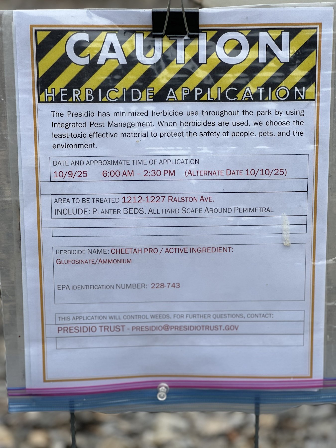 Close-up Cheetah Pro herbicide application sign for 1212 to 1227 Ralston Ave