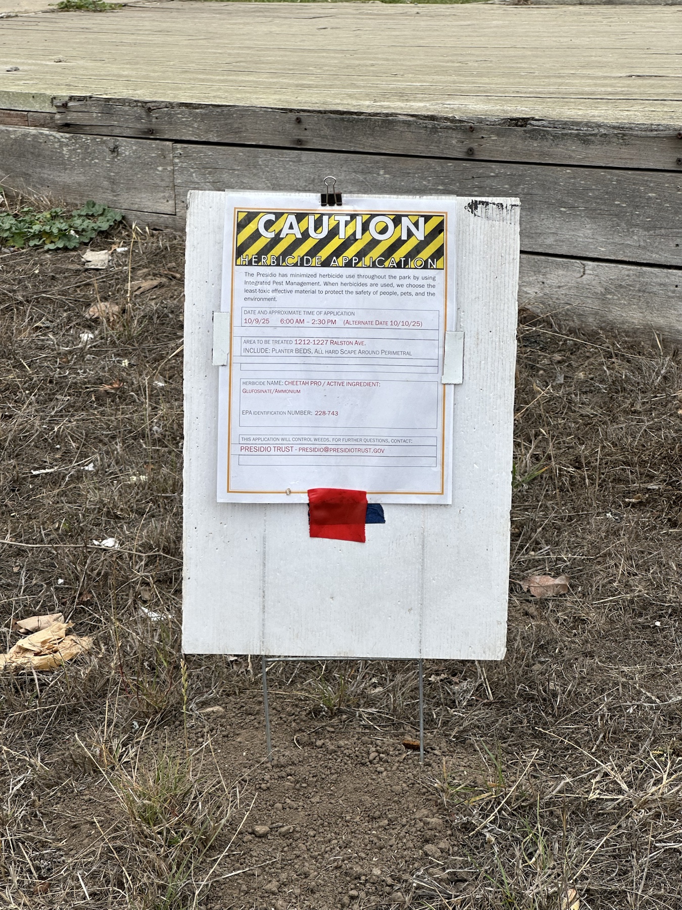 Caution herbicide application sign listing Cheetah Pro at 1212 to 1227 Ralston Ave