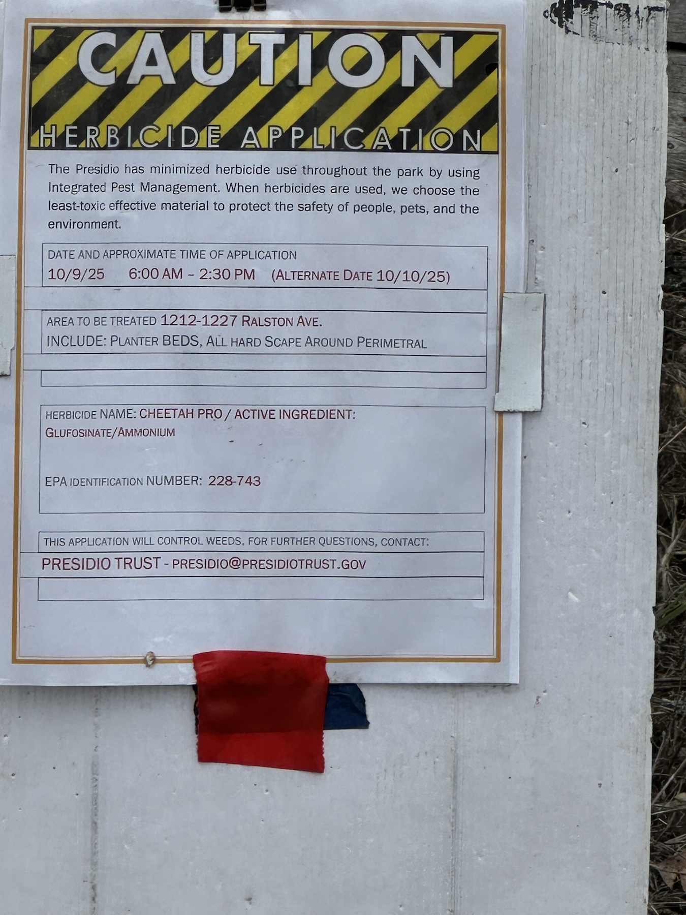 Close-up Cheetah Pro herbicide application sign for 1212 to 1227 Ralston Ave