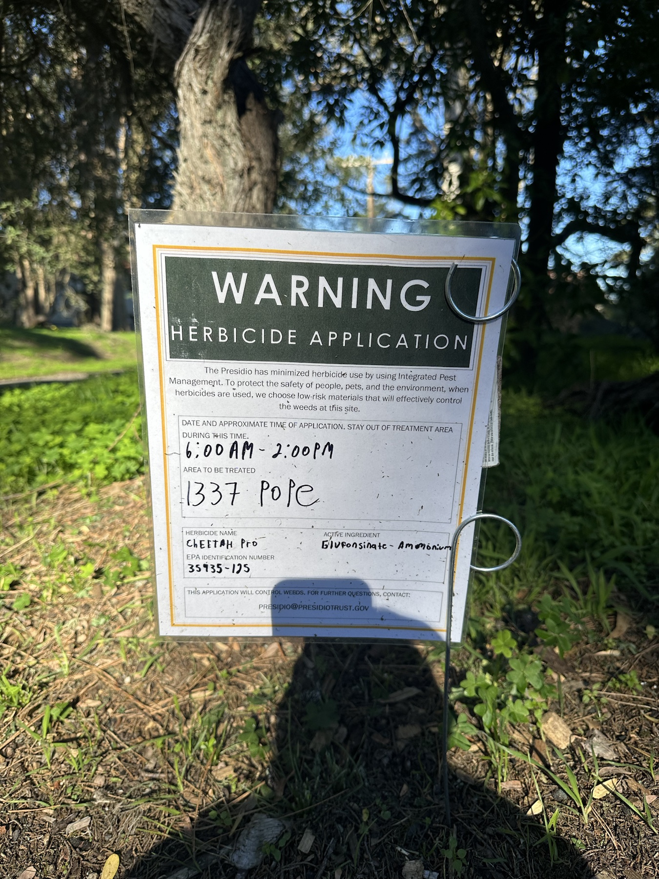 Warning herbicide application sign for Cheetah Pro at 1337 Pope