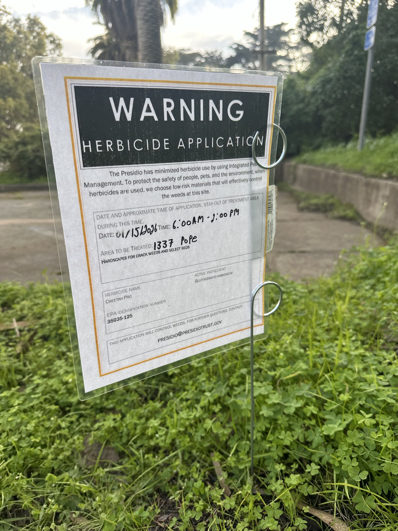 Cheetah Pro herbicide sign showing January 15 2026 application date at 1337 Pope