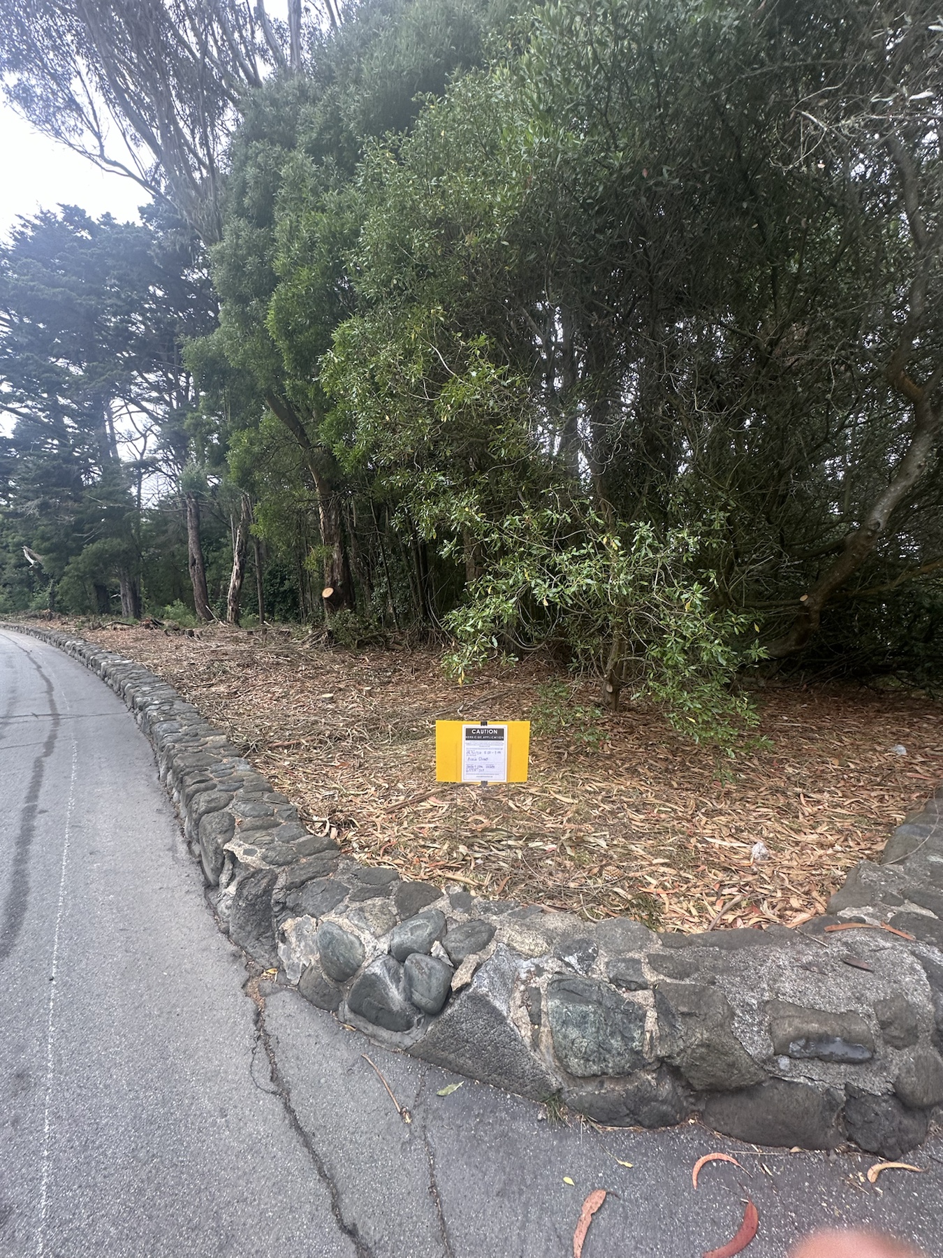 Wide view of roadside acacia-stump treatment area with posted herbicide application sign