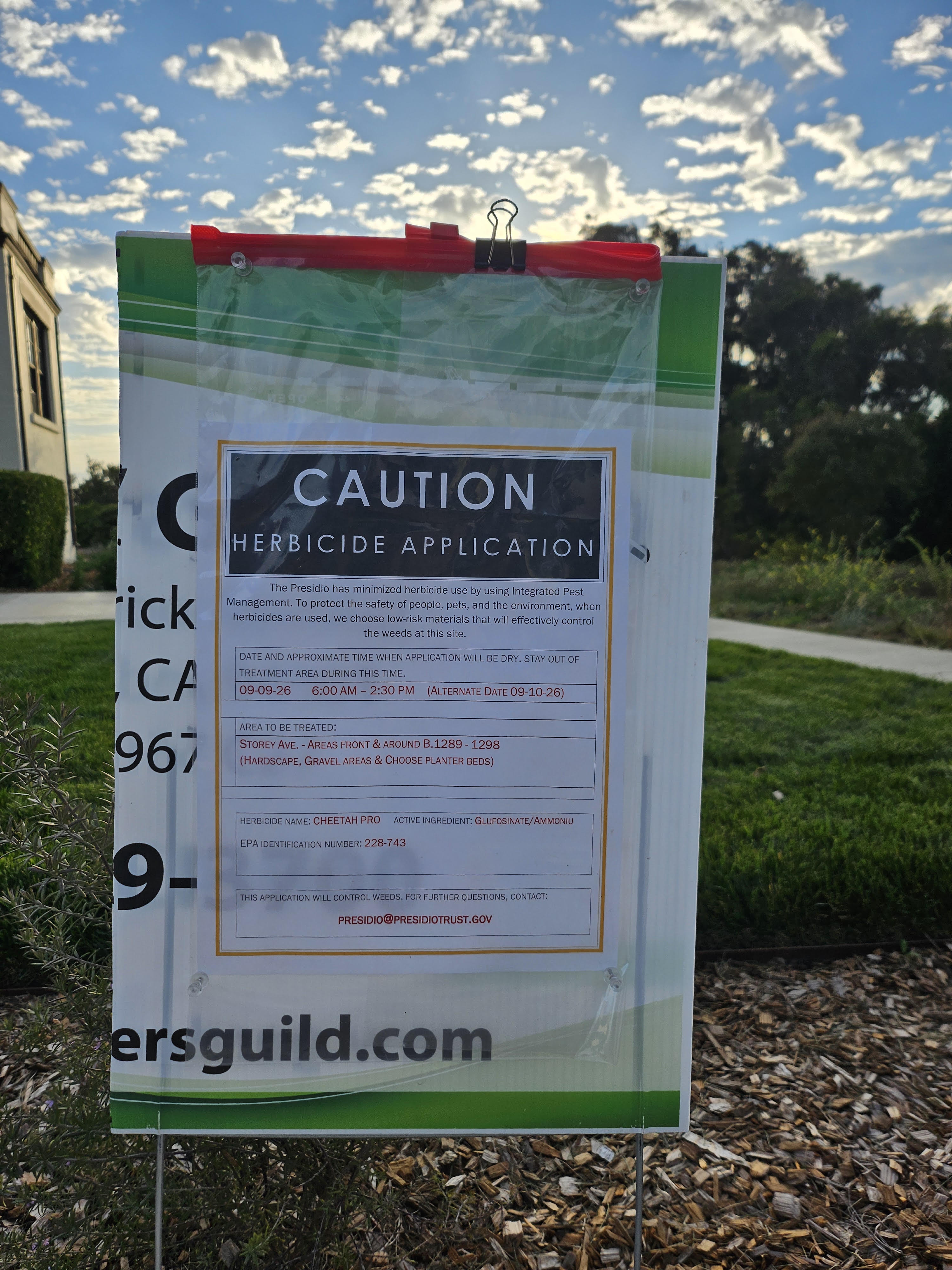 Caution herbicide application sign for Cheetah Pro on Storey Ave. in the Presidio